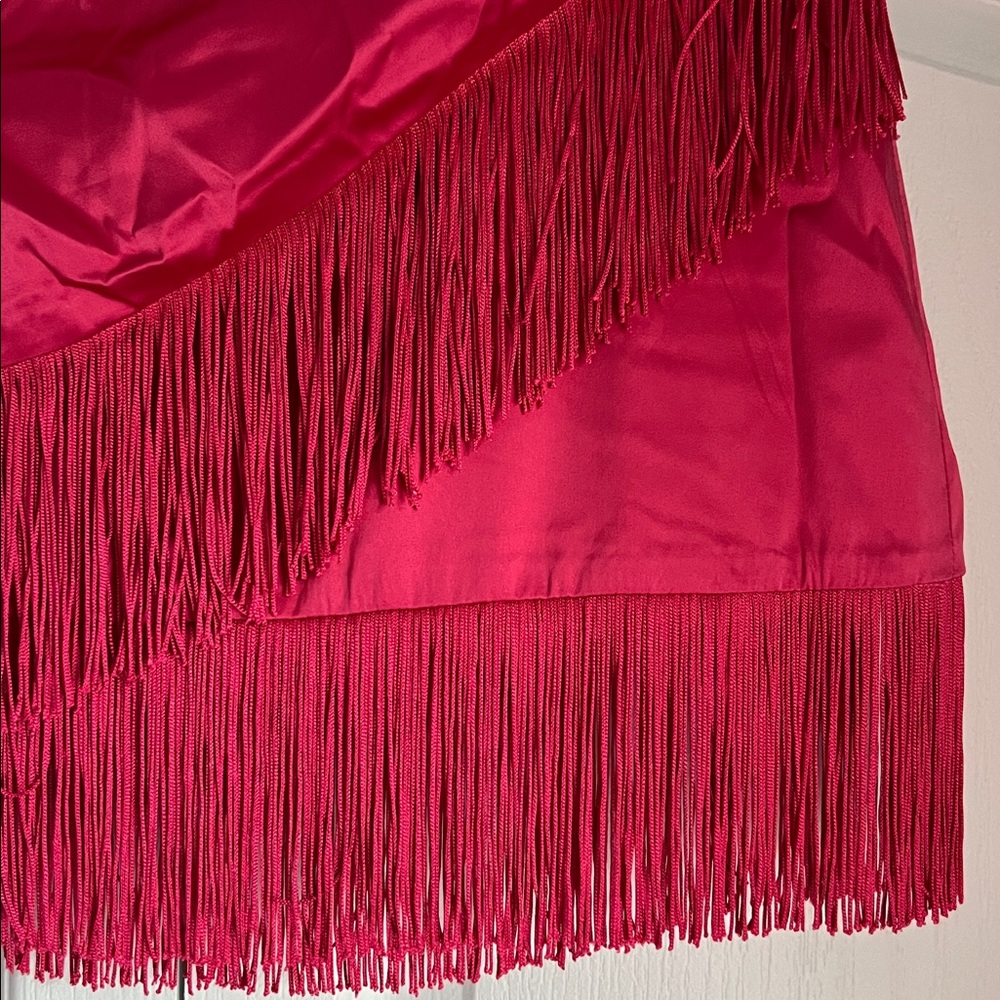 Lulus Celebration Charisma Magenta Satin Faux-wrap Fringe Mini Skirt Pink - Picture 4 of 5